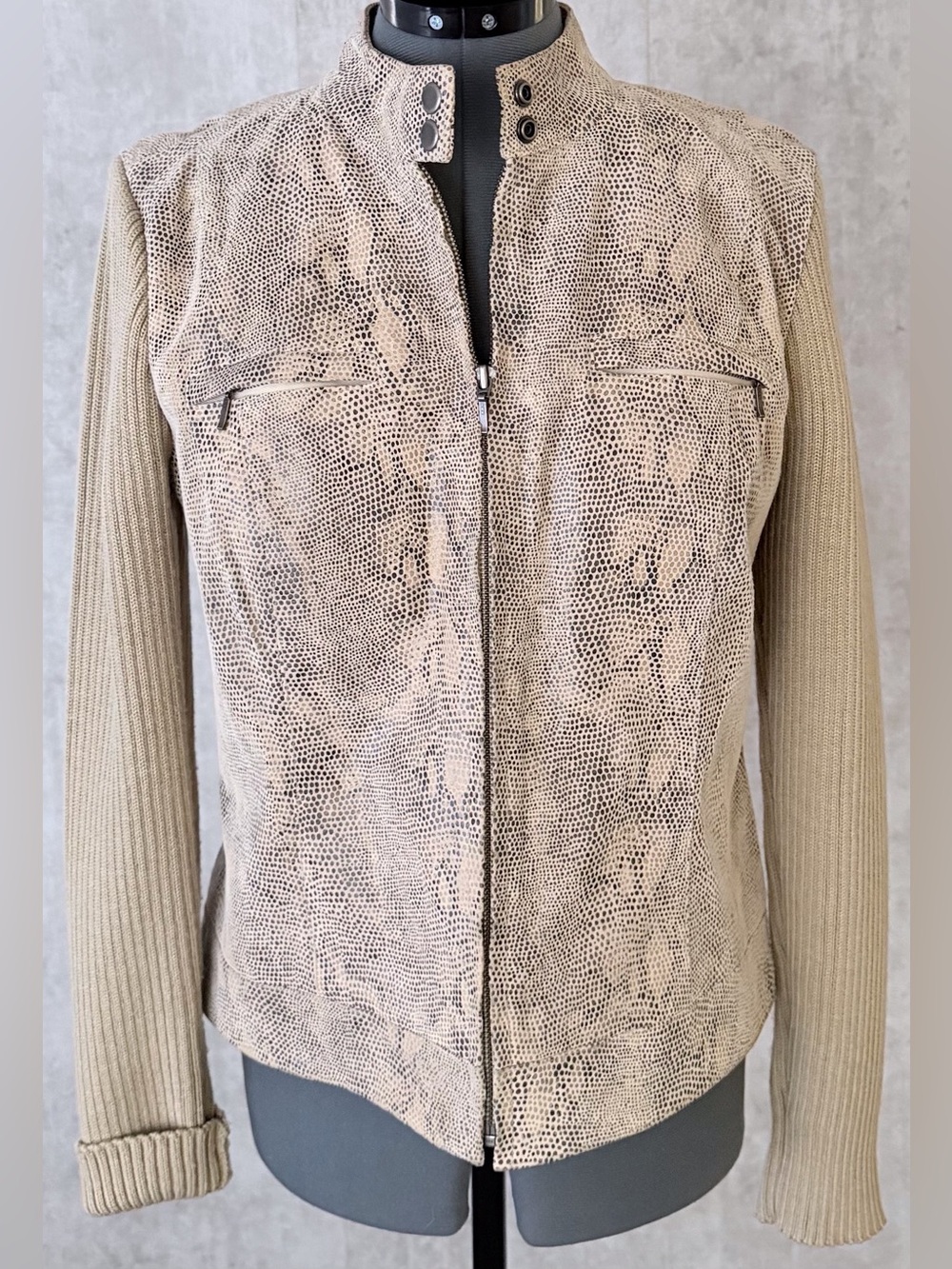 ALFANI Womens Genuine Leather Snakeskin Knit Sleeve Jacket Beige Tan Python M